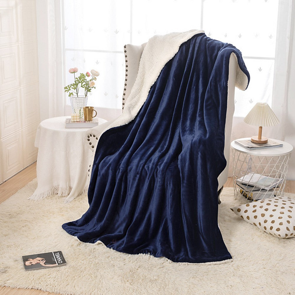 150x200cm Faux Sherpa Lambswool Throw Blanket Reversible Plush Blanket Navy