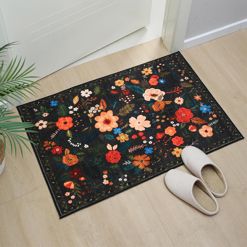 50x80cm Door Mat Indoor Entrance Rug Washable Boho Floral Small Area Rug Black