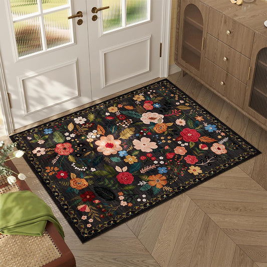 60x90cm Door Mat Indoor Entrance Rug Washable Boho Floral Small Area Rug Black