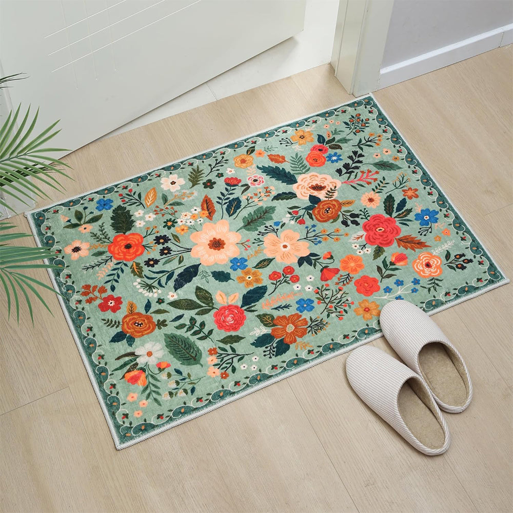60x90cm Door Mat Indoor Entrance Rug Washable Boho Floral Small Area Rug Green