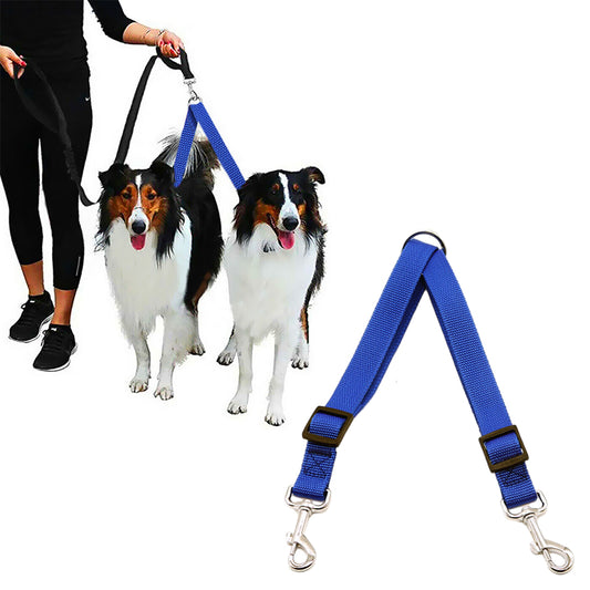 Adjustable Dual Dog Leash Lead Walk 2 Dogs with One Lead Coupler Blue L
