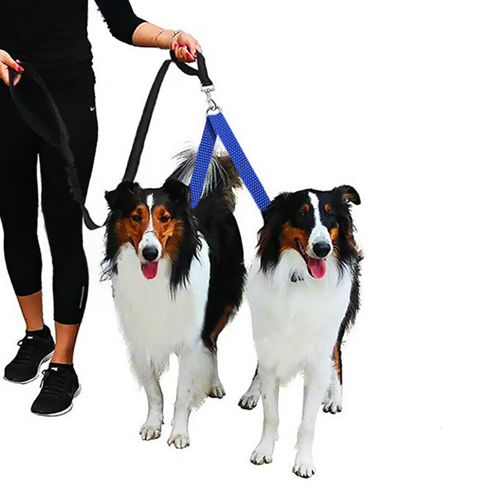 Adjustable Dual Dog Leash Lead Walk 2 Dogs with One Lead Coupler Blue L