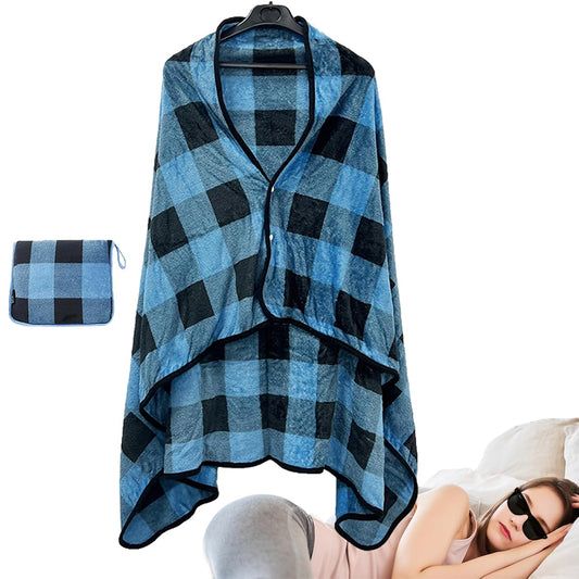 3 in 1 Plane Shawl Blanket Soft Travel Blanket Pillow with Luggage Strap Blue