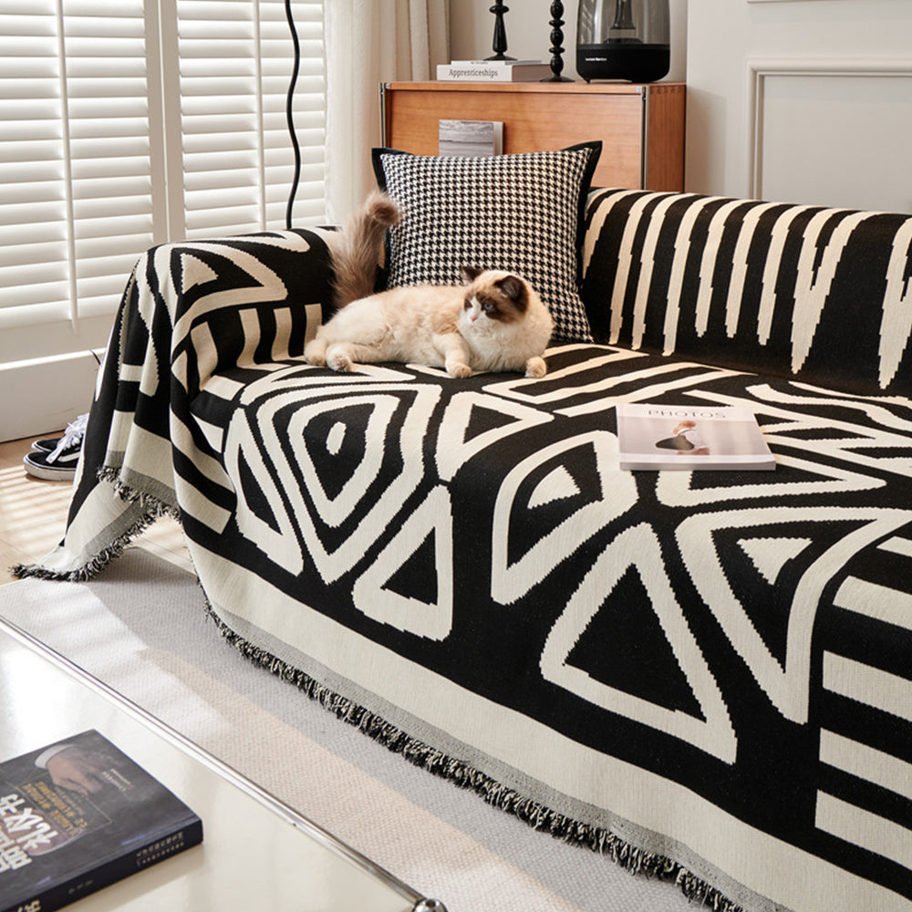180x340cm Boho Sofa Throw Blanket Geometry Couch Cover Sofa Slipcover Black