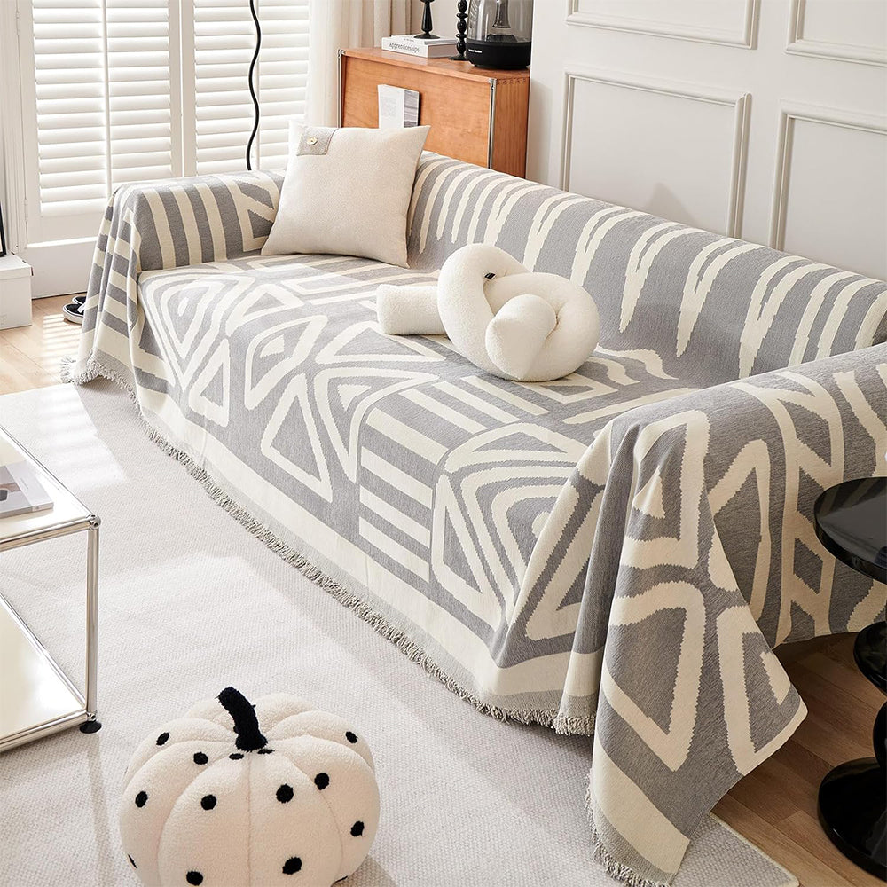 180x230cm Boho Sofa Throw Blanket Geometry Couch Cover Sofa Slipcover Grey