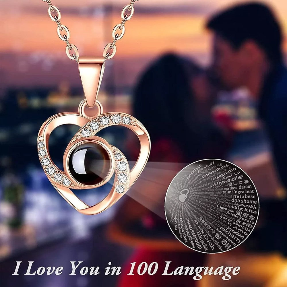 I Love You Necklace 100 Languages Projection Necklace with Jewelry Box - Gold