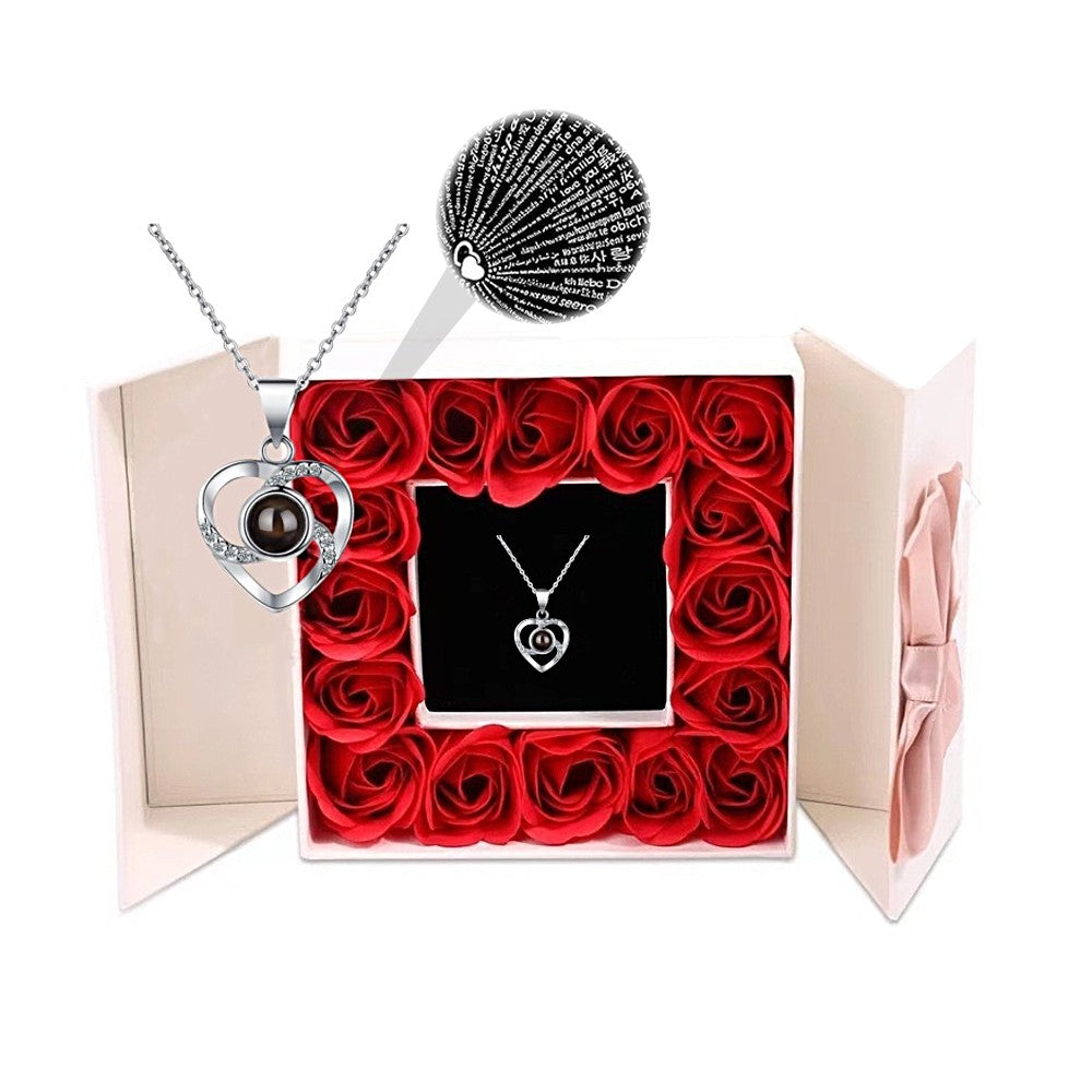 I Love You Necklace 100 Languages Projection Necklace with Jewelry Box - Silver