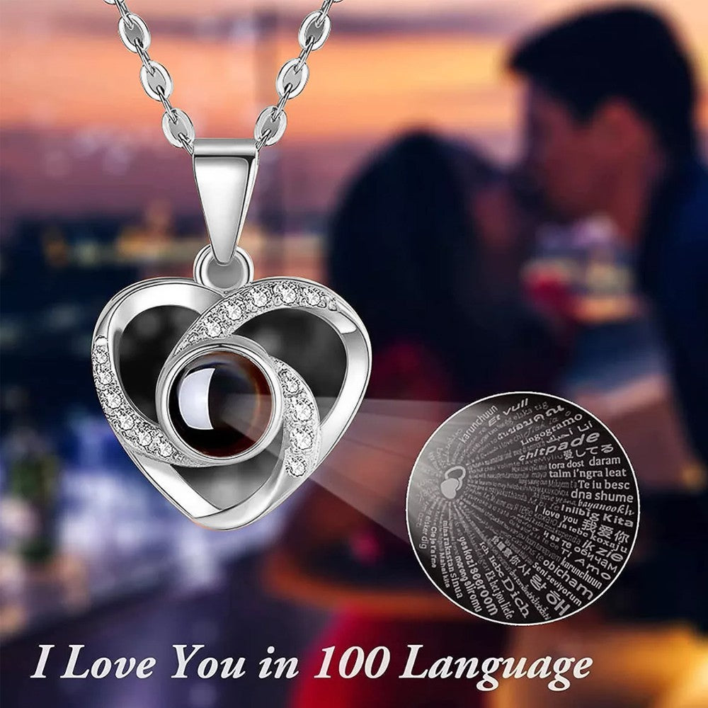I Love You Necklace 100 Languages Projection Necklace with Jewelry Box - Silver