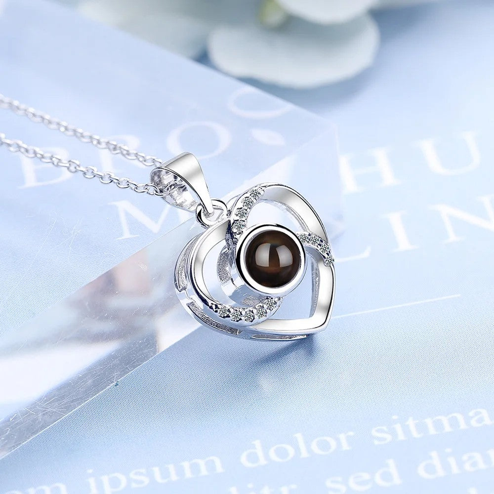 I Love You Necklace 100 Languages Projection Necklace with Jewelry Box - Silver