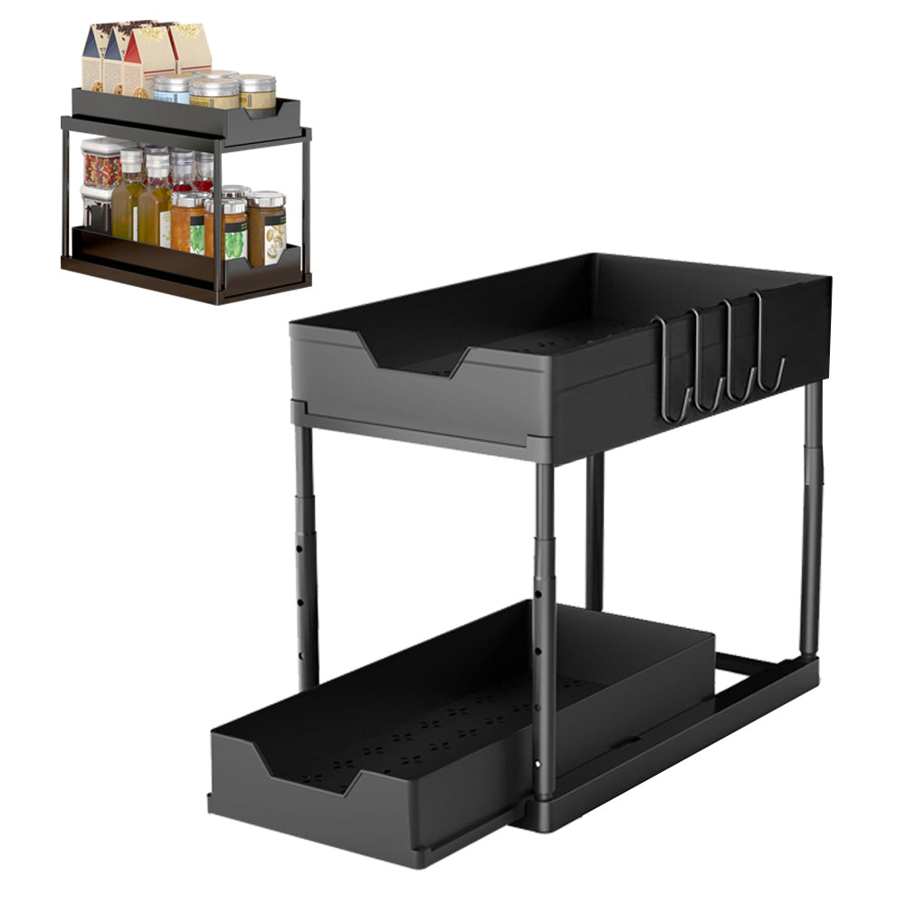 2 Tier Cabinet Shelf Organizer Double Layer Sliding Storage Rack with Hook Black