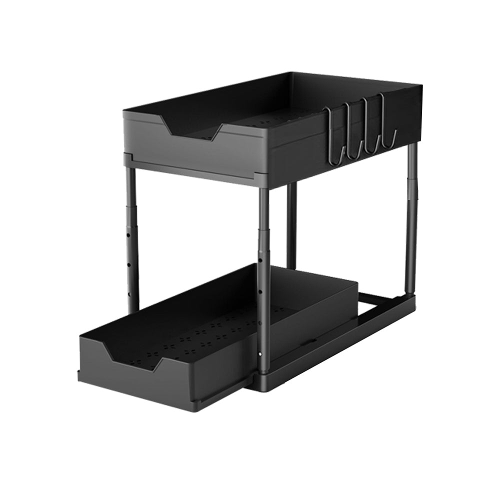 2 Tier Cabinet Shelf Organizer Double Layer Sliding Storage Rack with Hook Black
