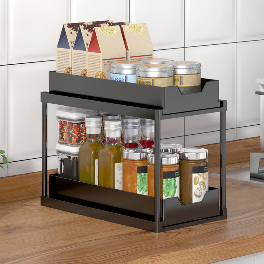 2 Tier Cabinet Shelf Organizer Double Layer Sliding Storage Rack with Hook Black