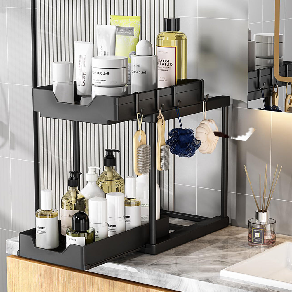 2 Tier Cabinet Shelf Organizer Double Layer Sliding Storage Rack with Hook Black