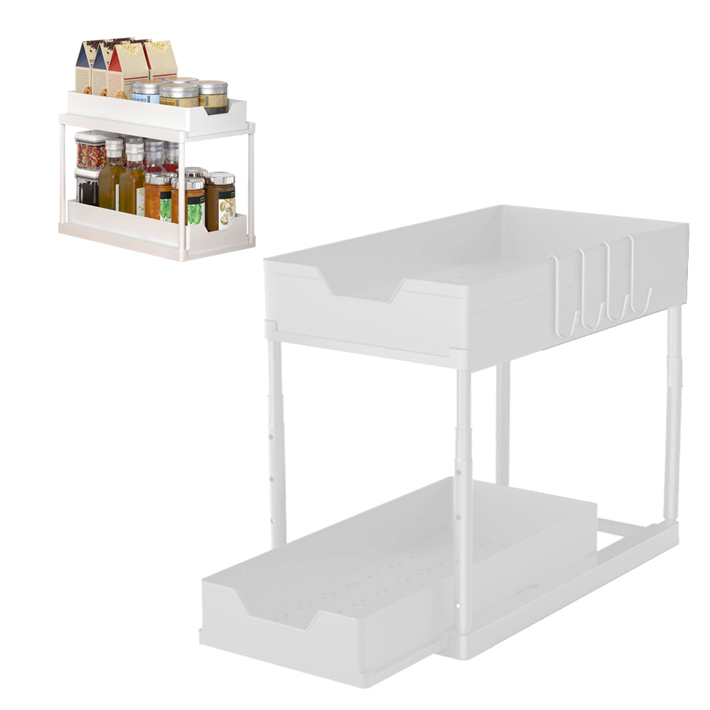 2 Tier Cabinet Shelf Organizer Double Layer Sliding Storage Rack with Hook White