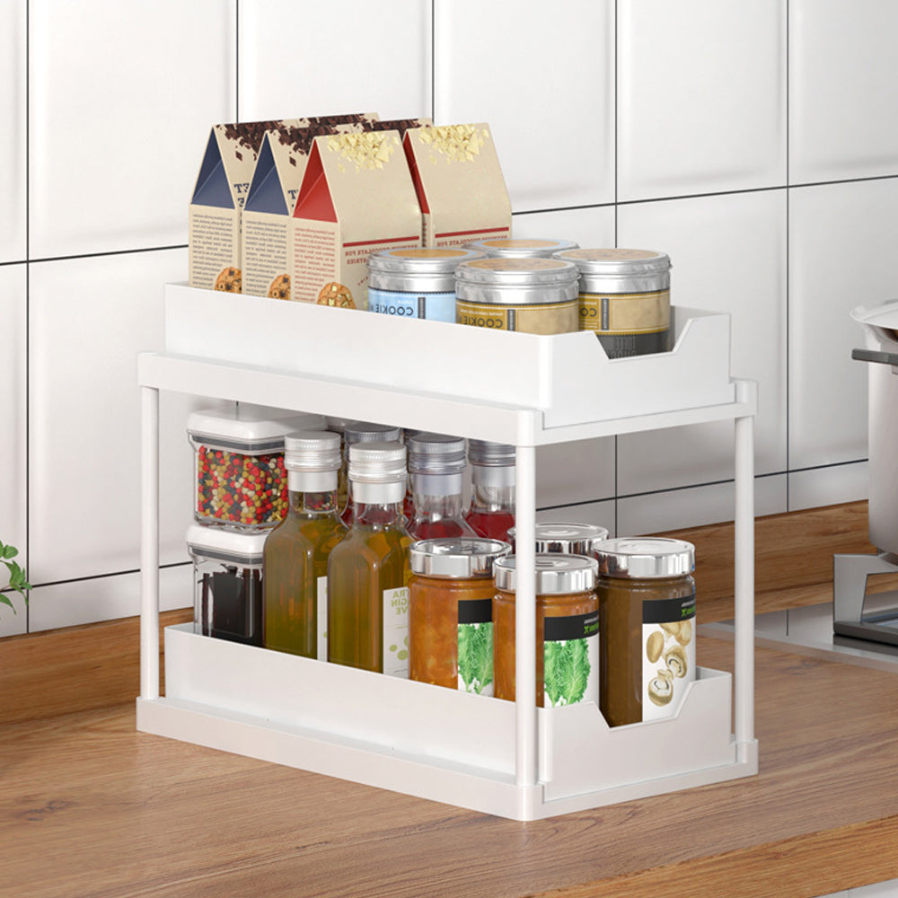 2 Tier Cabinet Shelf Organizer Double Layer Sliding Storage Rack with Hook White