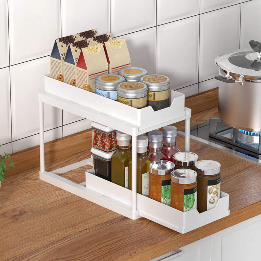 2 Tier Cabinet Shelf Organizer Double Layer Sliding Storage Rack with Hook White