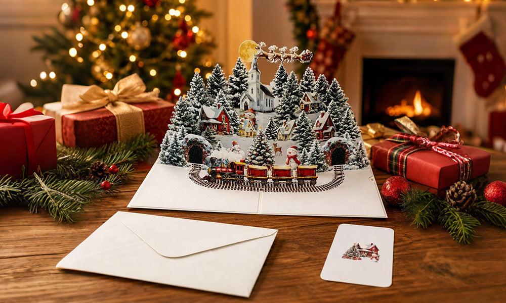 3 PCS 3D Night City Snowman Christmas Greeting Cards with Envelopes