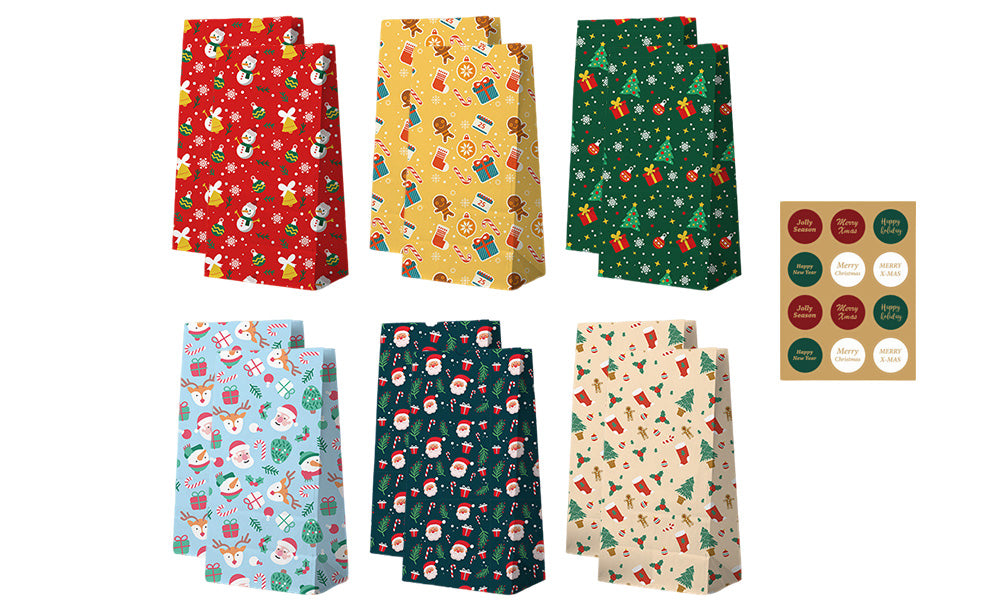24PCS Christmas Flat Top Paper Gift Bags for Christmas Eve Apples