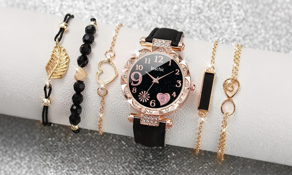 Women Quartz Watch and Beaded Bracelet Set Fashion Wristwatch Jewelry Gift Set