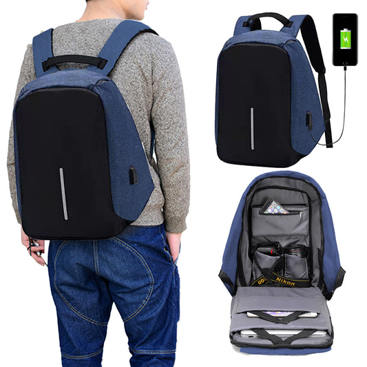 Anti-Theft Backpack School Travel Laptop Bag with USB Charging Port - Blue