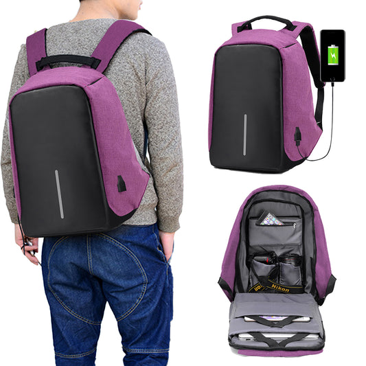 Anti-Theft Backpack School Travel Laptop Bag with USB Charging Port - Purple