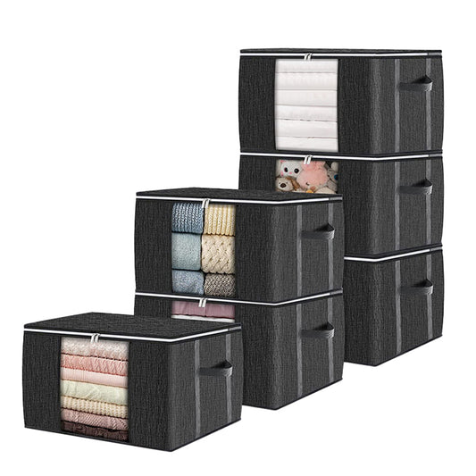6Pcs Large Capacity Clothes Storage Bags Foldable Quilt Storage Bags with Reinforced Handle Black