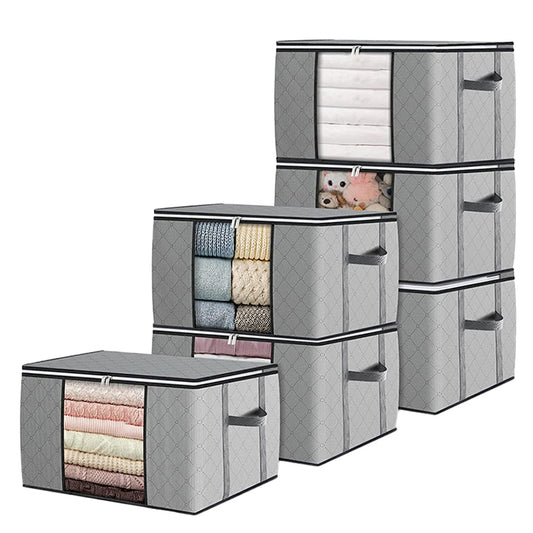 6Pcs Large Capacity Clothes Storage Bags Foldable Quilt Storage Bags with Reinforced Handle Grey
