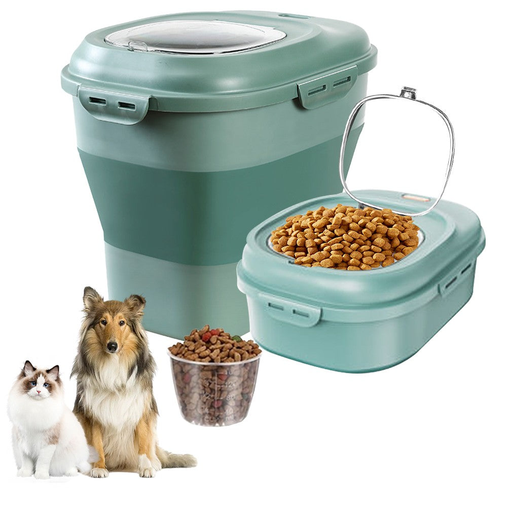 Collapsible Dog Food Storage Container Rice Bucket with Measuring Cup - Green