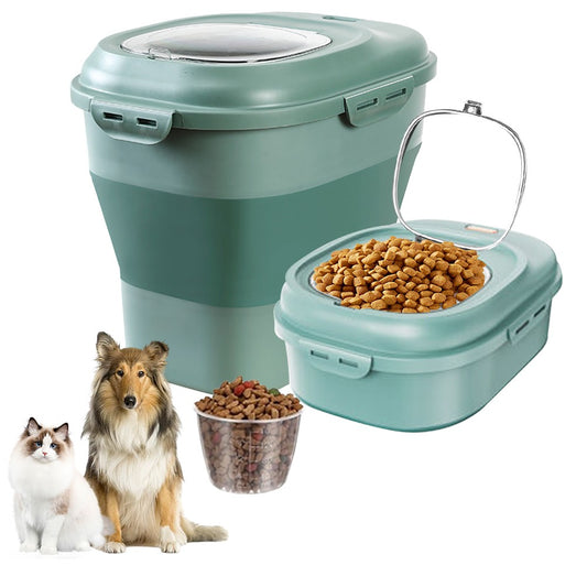 Collapsible Dog Food Storage Container Rice Bucket with Measuring Cup - Green