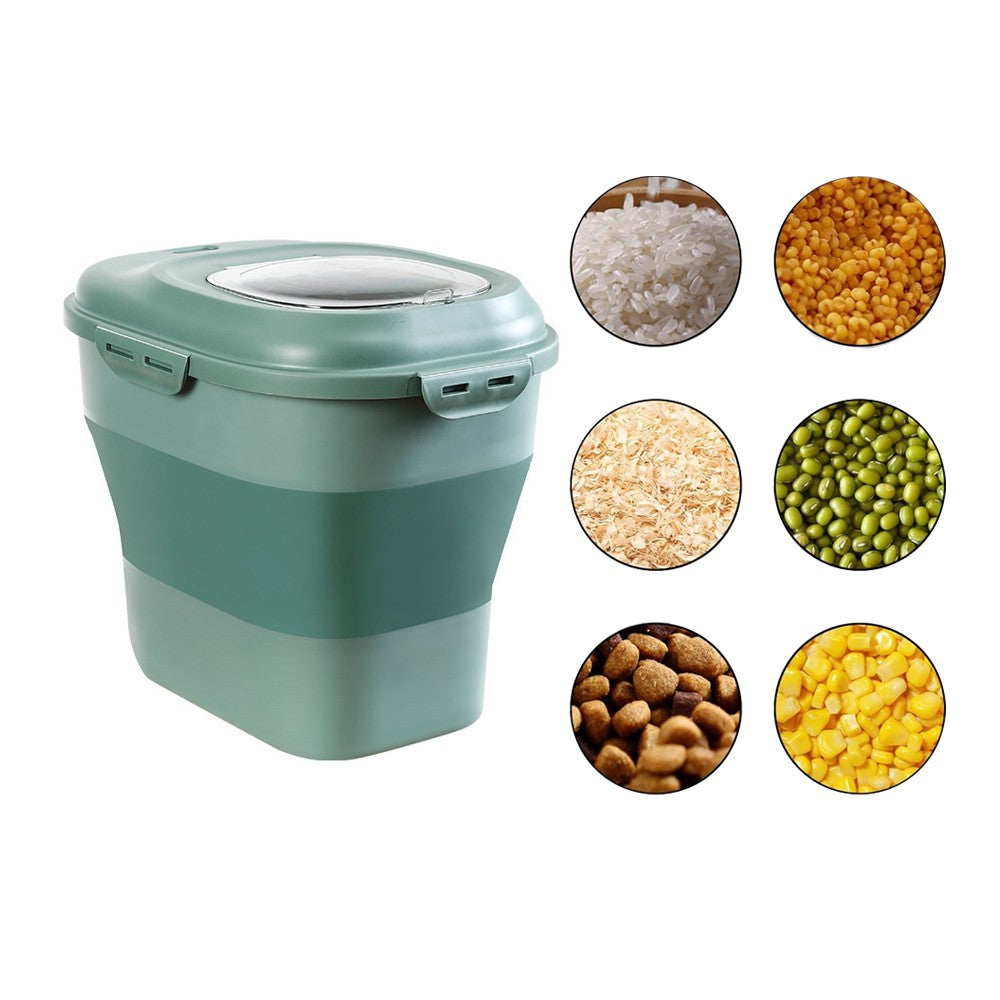Collapsible Dog Food Storage Container Rice Bucket with Measuring Cup - Green