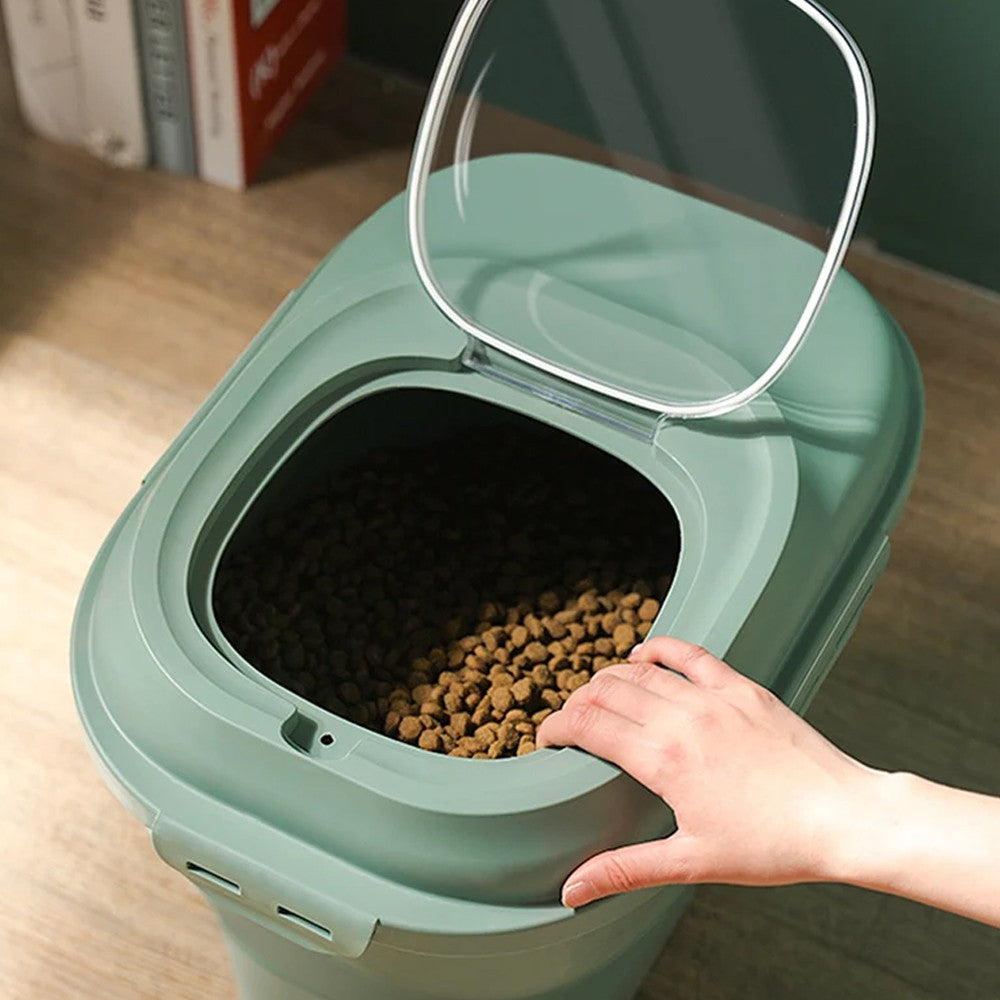 Collapsible Dog Food Storage Container Rice Bucket with Measuring Cup - Green