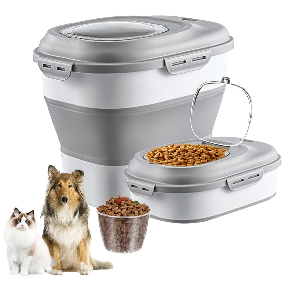 Collapsible Dog Food Storage Container Rice Bucket with Measuring Cup - Grey