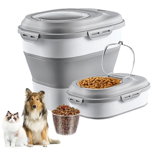 Collapsible Dog Food Storage Container Rice Bucket with Measuring Cup - Grey