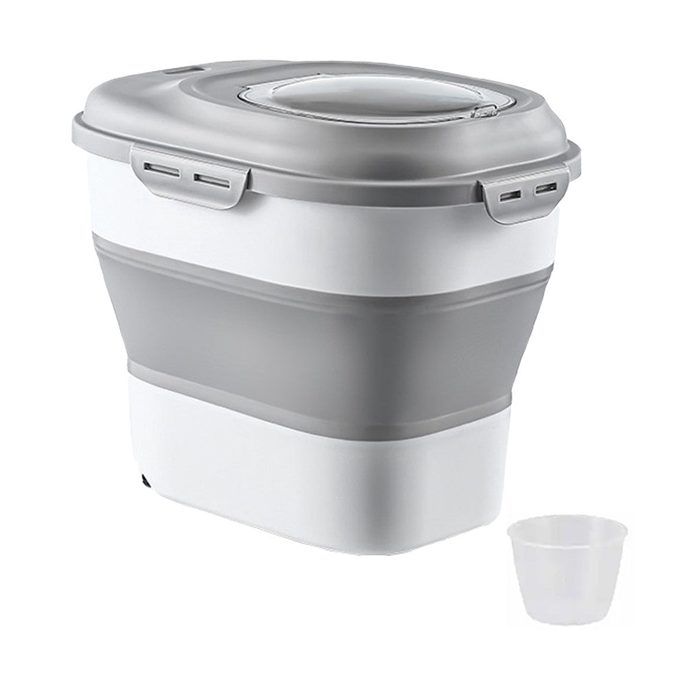 Collapsible Dog Food Storage Container Rice Bucket with Measuring Cup - Grey