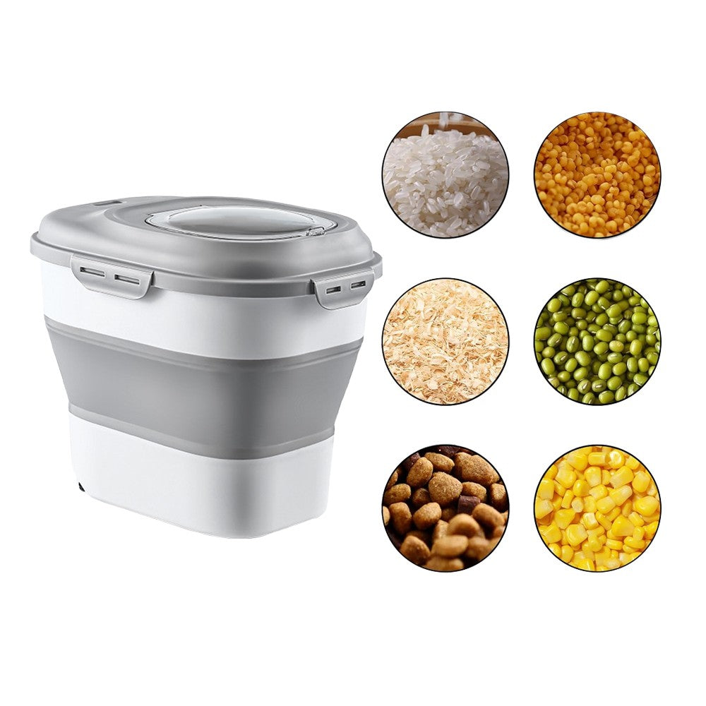Collapsible Dog Food Storage Container Rice Bucket with Measuring Cup - Grey