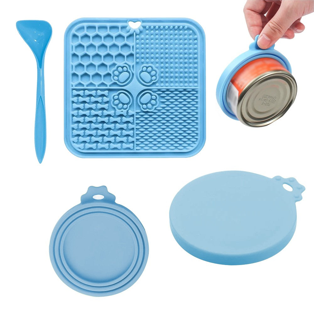 Silicone Pet Lick Mat Dog and Cat Slow Feeder with Spoon and Can Lid - Blue