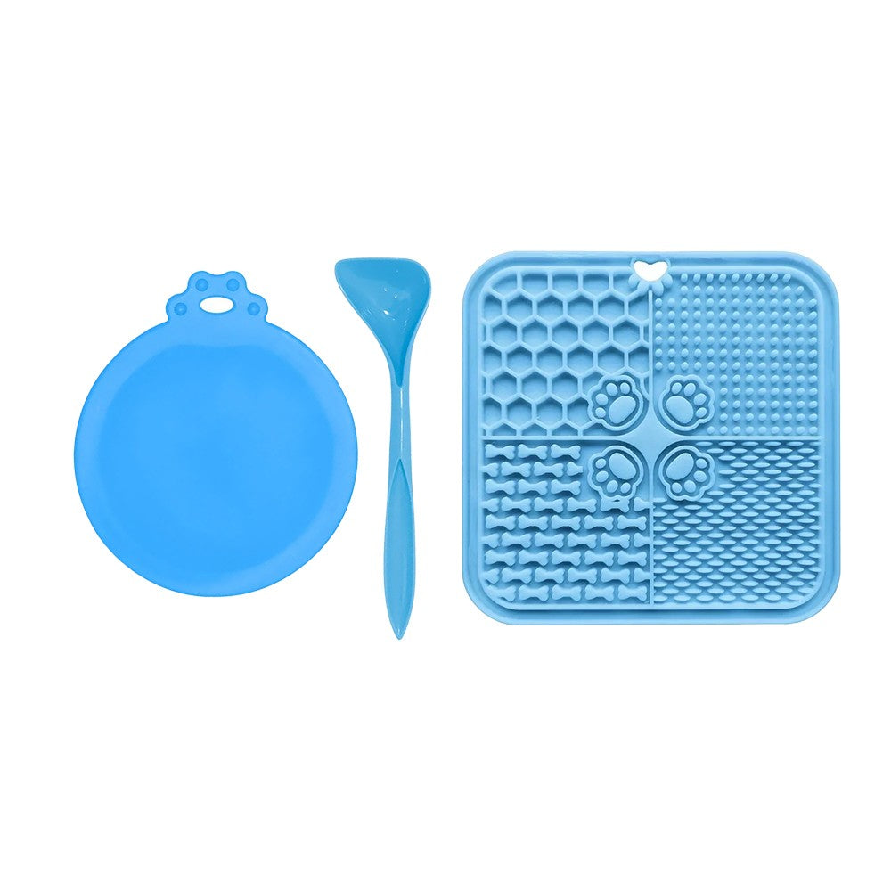 Silicone Pet Lick Mat Dog and Cat Slow Feeder with Spoon and Can Lid - Blue