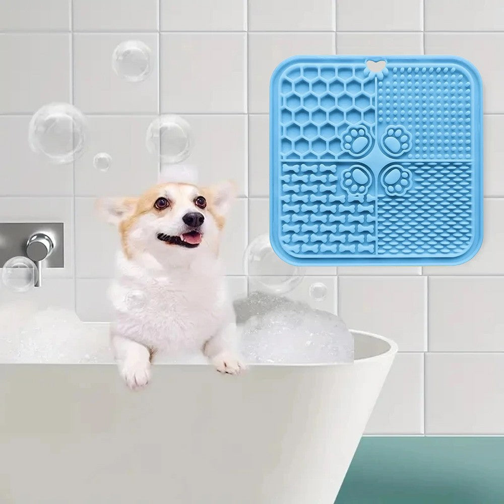 Silicone Pet Lick Mat Dog and Cat Slow Feeder with Spoon and Can Lid - Blue