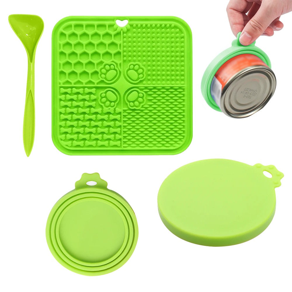 Silicone Pet Lick Mat Dog and Cat Slow Feeder with Spoon and Can Lid - Green