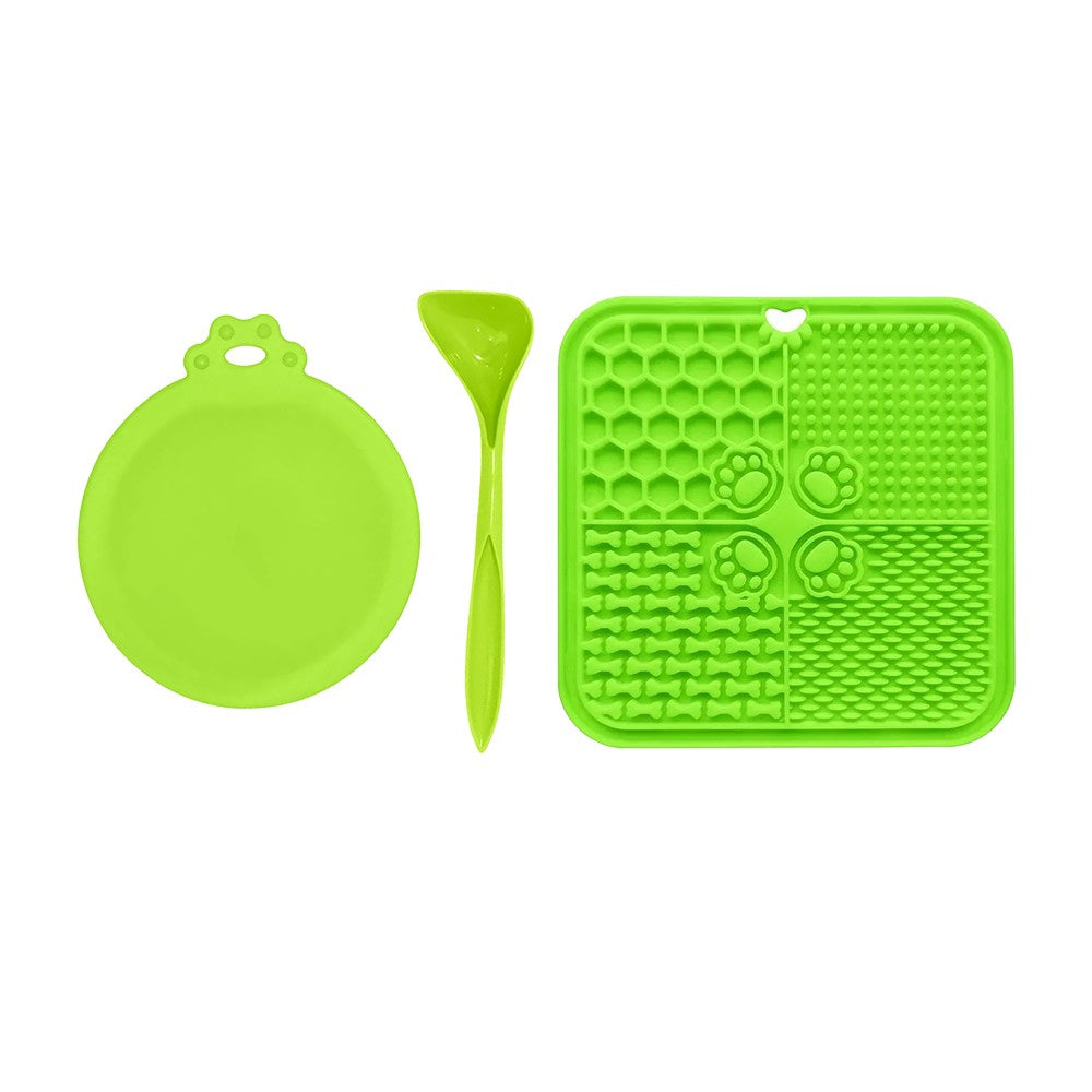 Silicone Pet Lick Mat Dog and Cat Slow Feeder with Spoon and Can Lid - Green