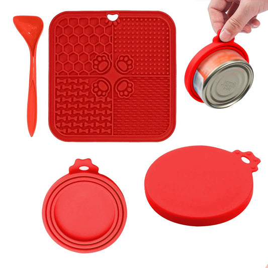 Silicone Pet Lick Mat Dog and Cat Slow Feeder with Spoon and Can Lid - Red