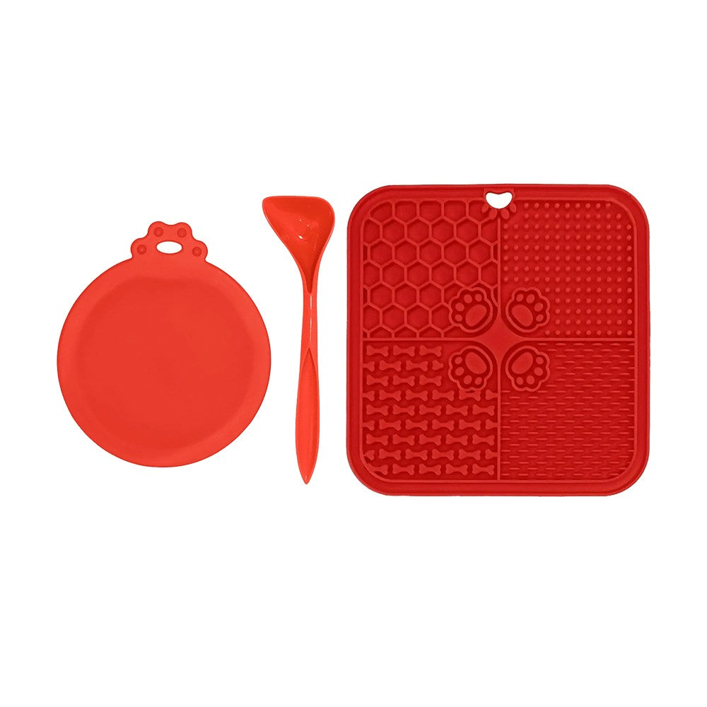 Silicone Pet Lick Mat Dog and Cat Slow Feeder with Spoon and Can Lid - Red
