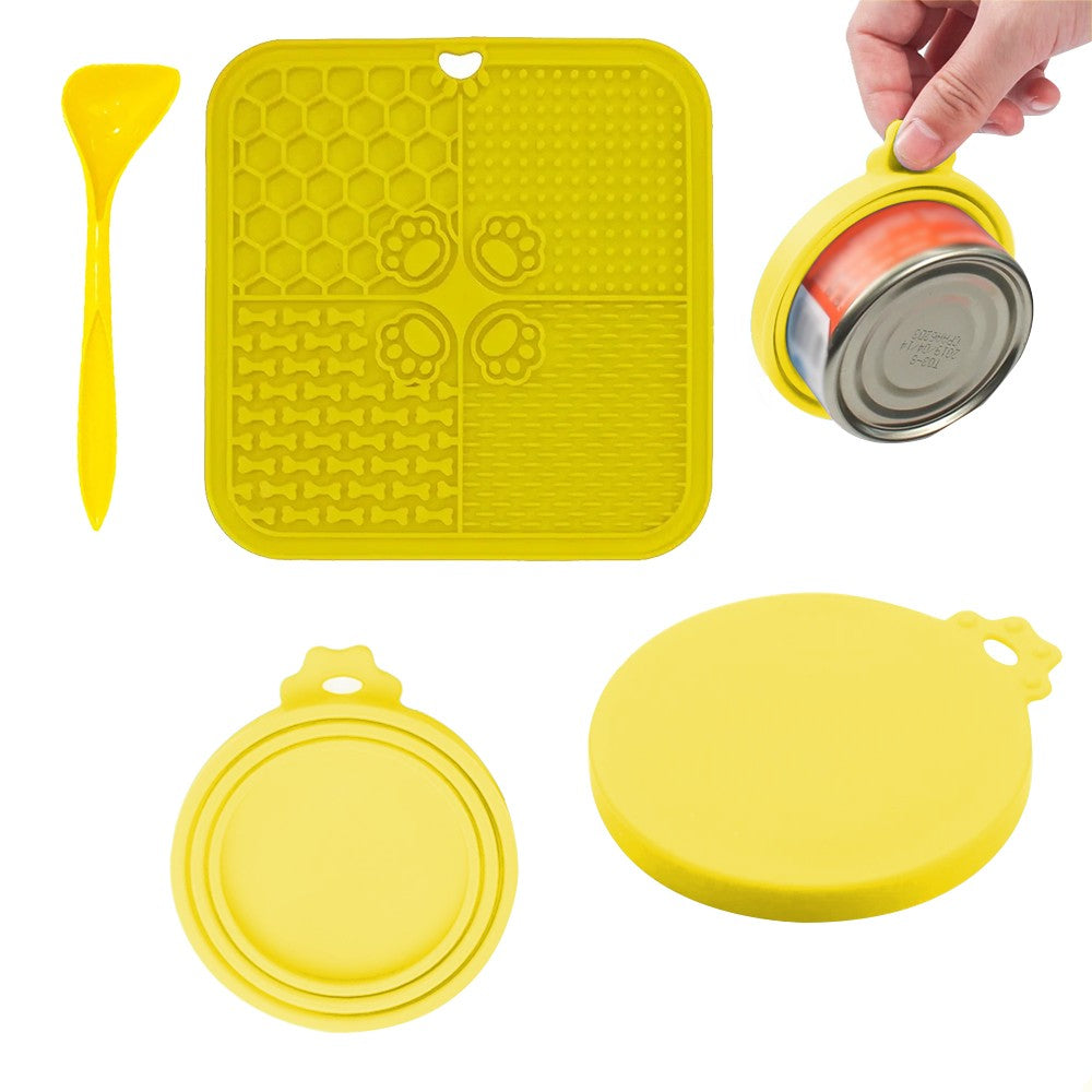 Silicone Pet Lick Mat Dog and Cat Slow Feeder with Spoon and Can Lid - Yellow