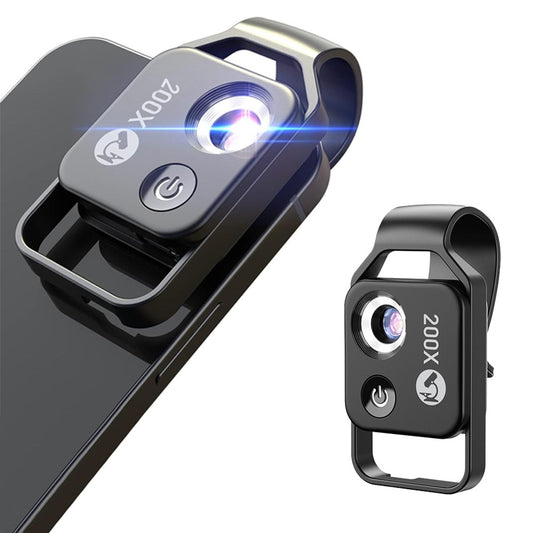 200X Magnification Pocket Phone Microscope with CPL Lens and LED Light - Black