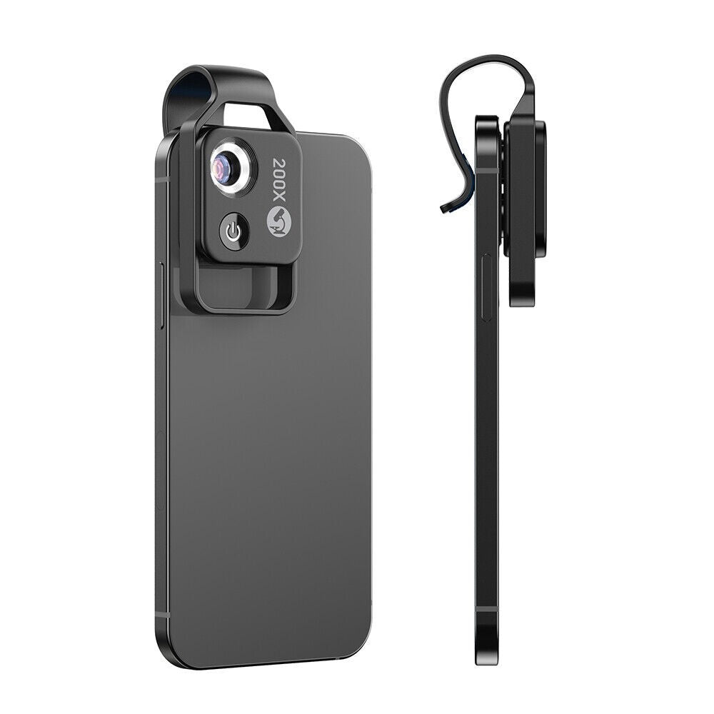 200X Magnification Pocket Phone Microscope with CPL Lens and LED Light - Black