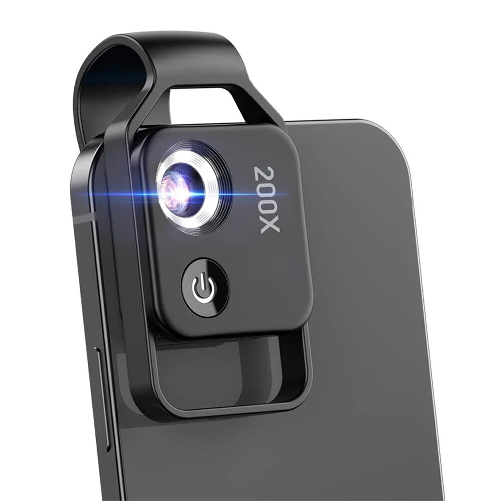 200X Magnification Pocket Phone Microscope with CPL Lens and LED Light - Black
