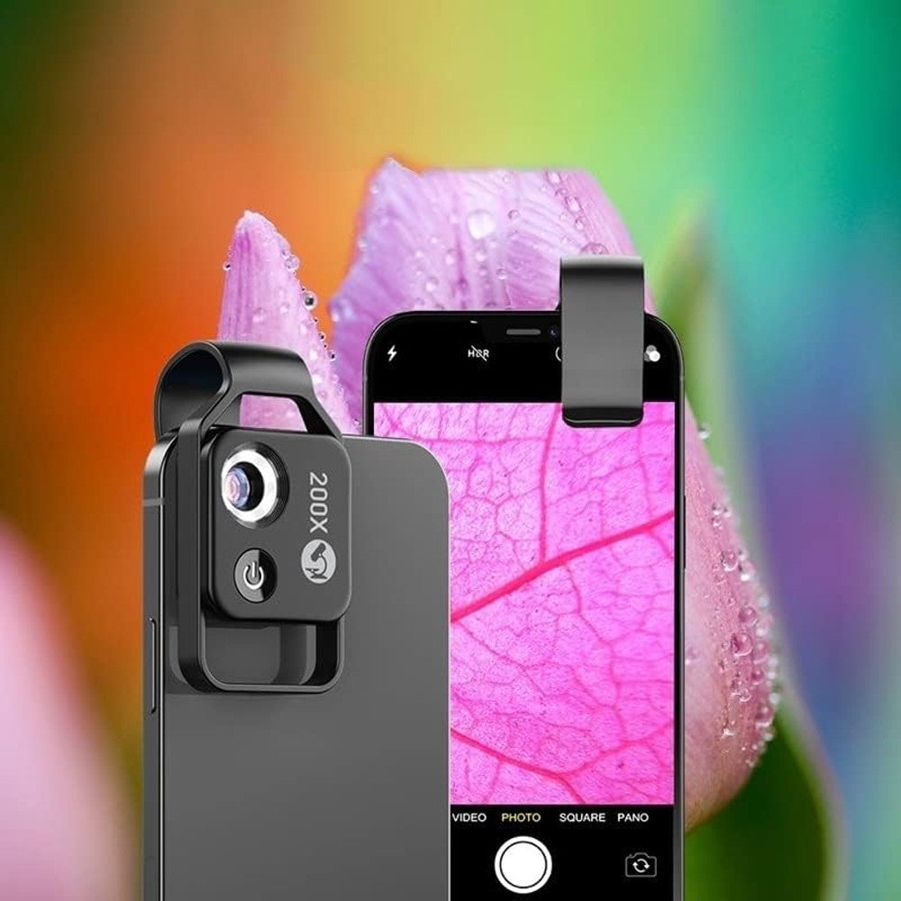 200X Magnification Pocket Phone Microscope with CPL Lens and LED Light - Black