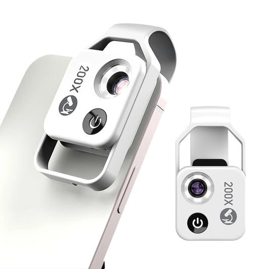 200X Magnification Pocket Phone Microscope with CPL Lens and LED Light - White