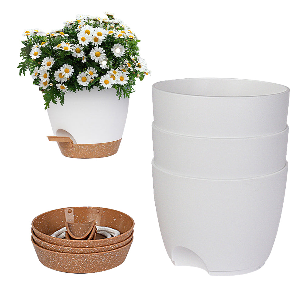 3Pcs Self Watering Planters Flower Pot with Drainage Hole Indoor Outdoor - White