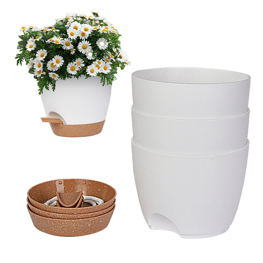 3Pcs Self Watering Planters Flower Pot with Drainage Hole Indoor Outdoor - White